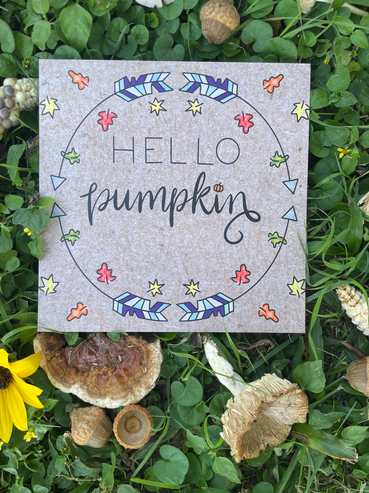 Hello Pumpkin! Autumn Leaves & Arrows Watercolor Card