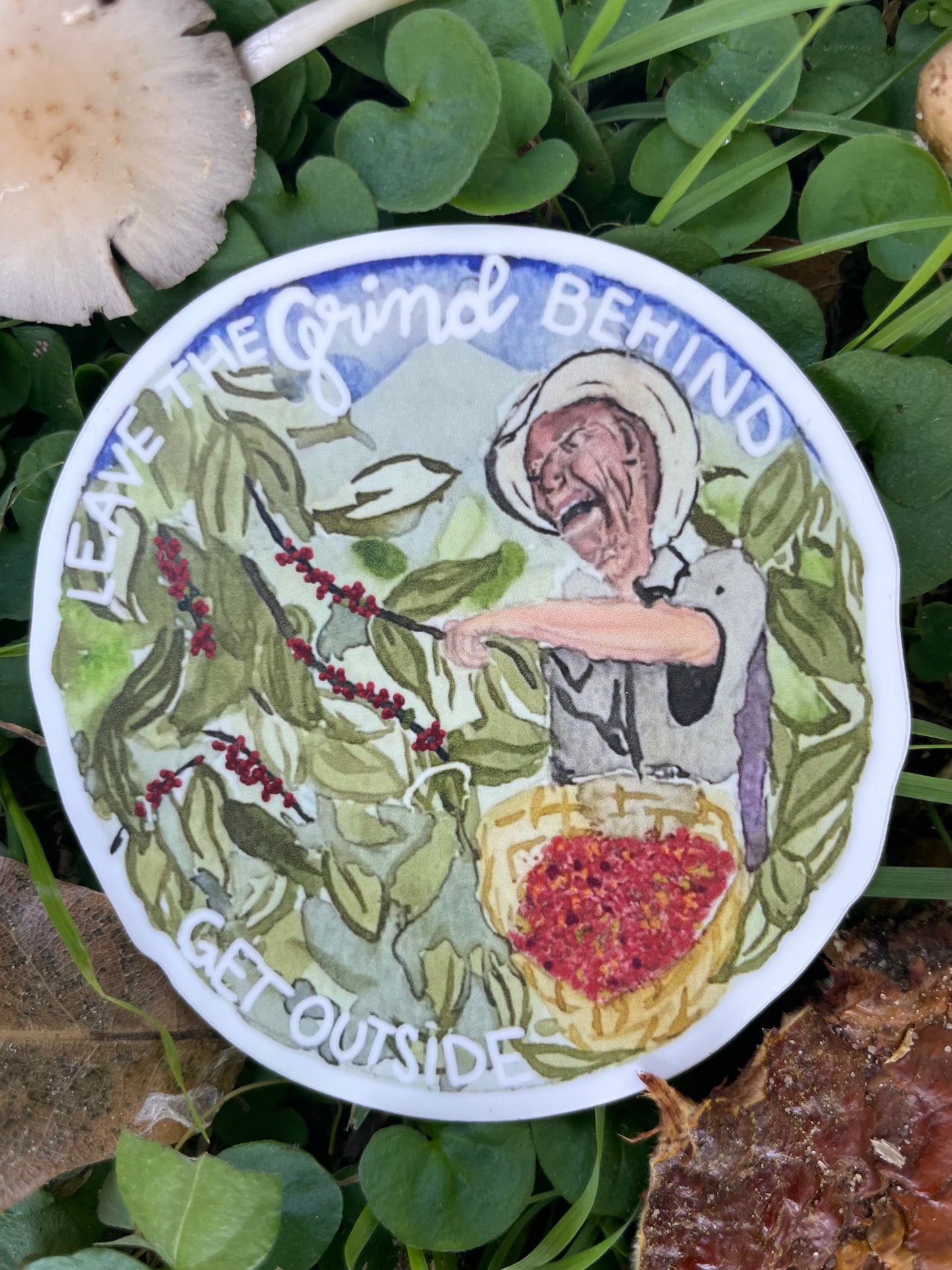 Leave the Grind Behind Coffee Sticker – Watercolor Vinyl Sticker for Nature & Coffee Lovers