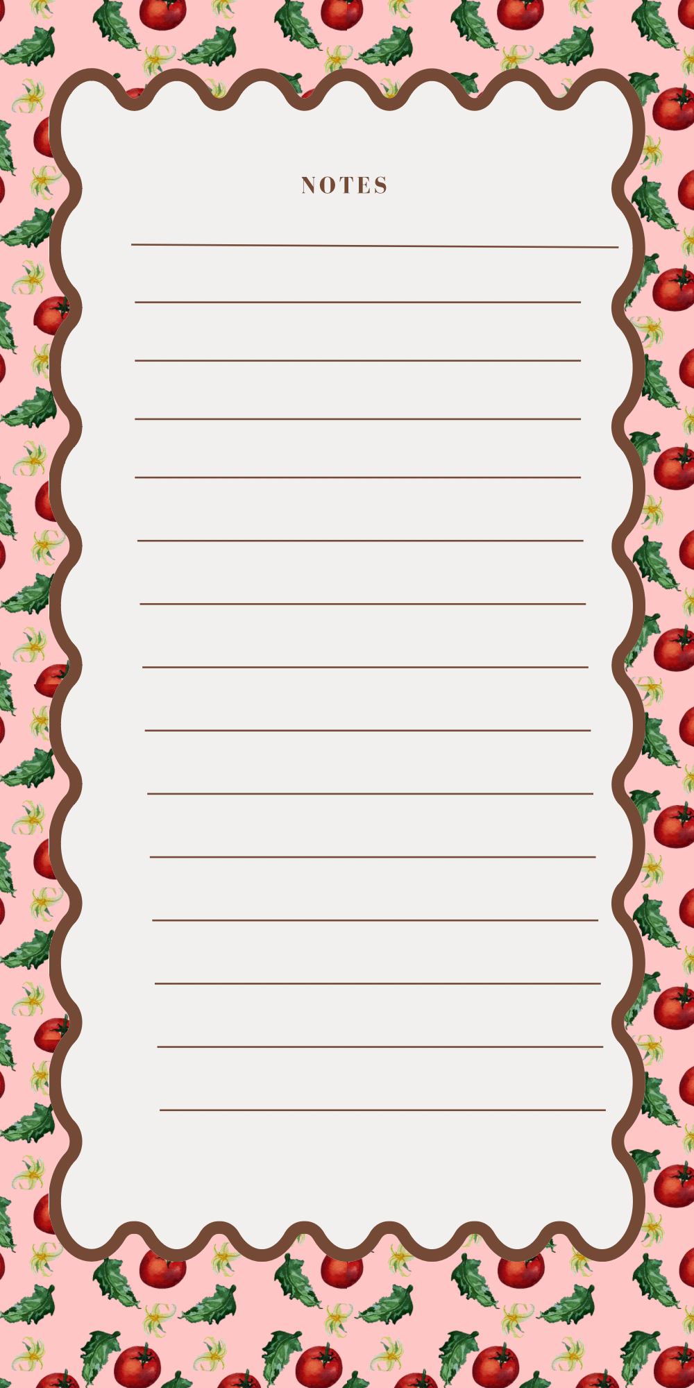 A vertical lined notes page with a decorative holiday border. The page has a scalloped brown frame and the word 'NOTES' at the top, set against a pink background patterned with red cherries, green holly leaves, and small yellow flowers.