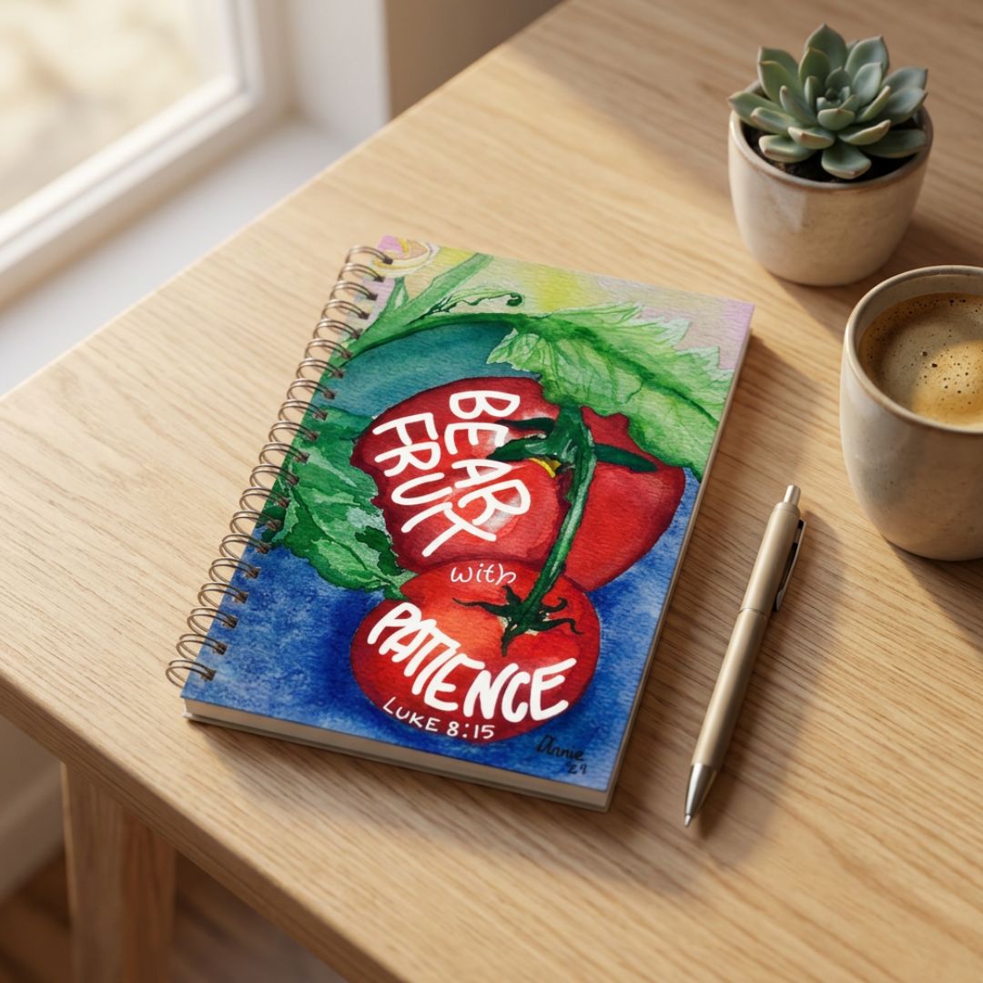 Bear Fruit With Patience Christian Lined Journal | Tomato Botanical Notebook | Scripture Writing Journal