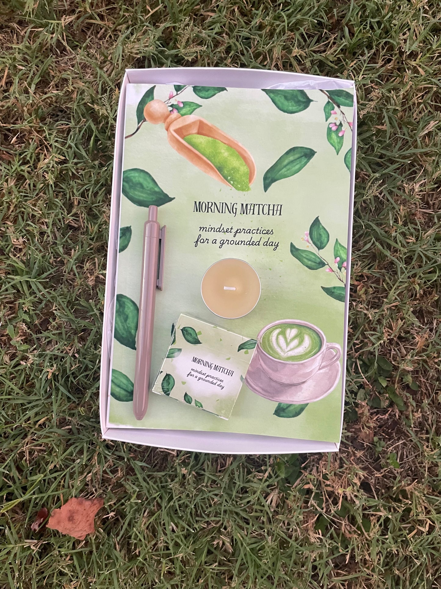 Morning Matcha Mindfulness Gift Box - my morning routine in a box. Journal, pen, mindset cards, and artisan candle