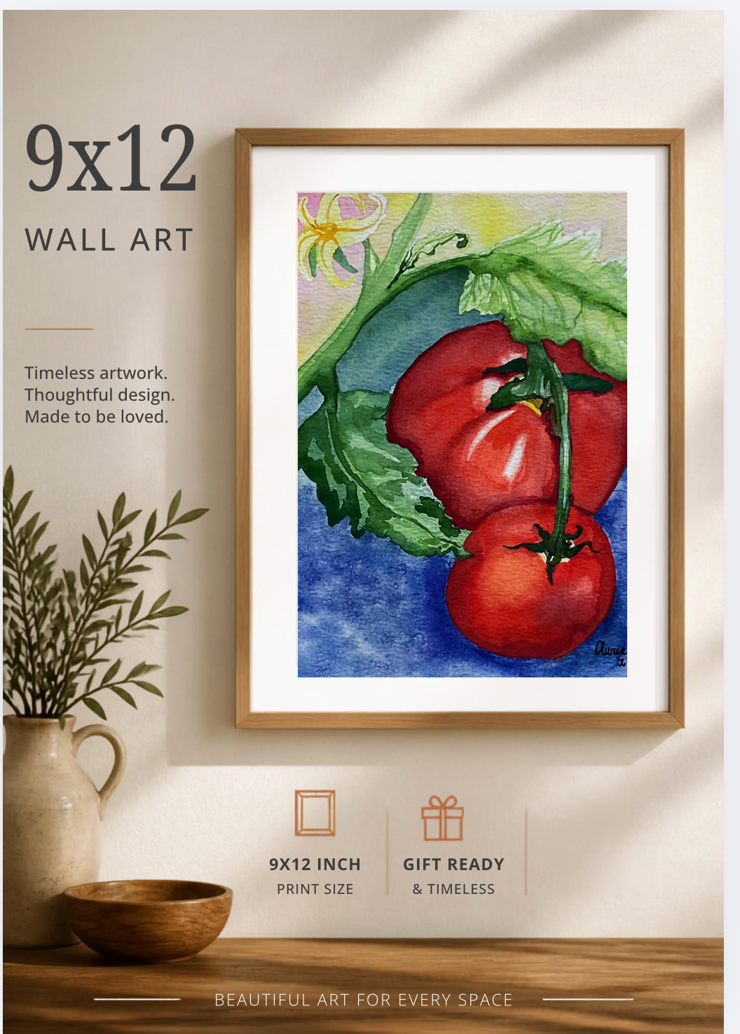 A framed watercolor wall art print showing red tomatoes and green leaves on a blue background, displayed inside a phone app mockup with text reading 9x12 wall art and product options below.