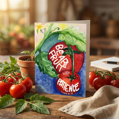 A 4x6 inch greeting card featuring a watercolor painting of red tomatoes on a vine with the words 'BEAR FRUIT with PATIENCE LUKE 8:15' written on the front. The card is styled on a rustic wooden table surrounded by fresh tomatoes, green leaves, a small potted plant, and a linen cloth.