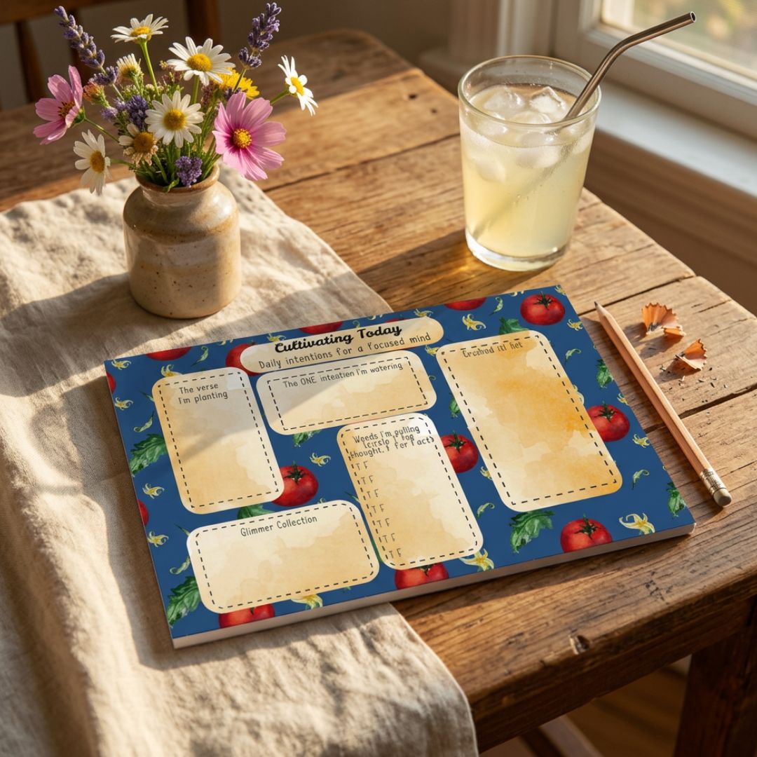 A decorative gardening planner or journal titled 'Cultivating Today' lies on a rustic wooden table, styled with a small vase of flowers, a glass of iced lemonade, and a pencil.