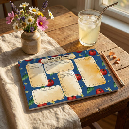 A decorative gardening planner or journal titled 'Cultivating Today' lies on a rustic wooden table, styled with a small vase of flowers, a glass of iced lemonade, and a pencil.