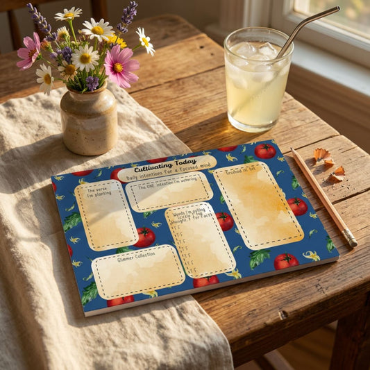 A decorative gardening planner or journal titled 'Cultivating Today' lies on a rustic wooden table, styled with a small vase of flowers, a glass of iced lemonade, and a pencil.