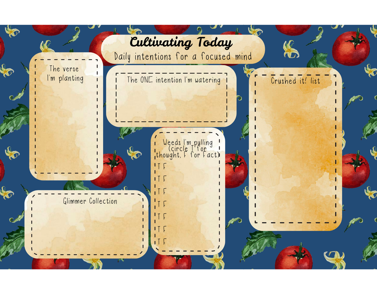 A daily intention planner page titled 'Cultivating Today' with five labeled cream-colored boxes on a blue background patterned with red tomatoes, green leaves, and yellow flowers.