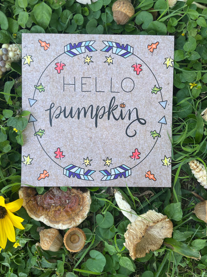Hello Pumpkin! Autumn Leaves & Arrows Watercolor Card