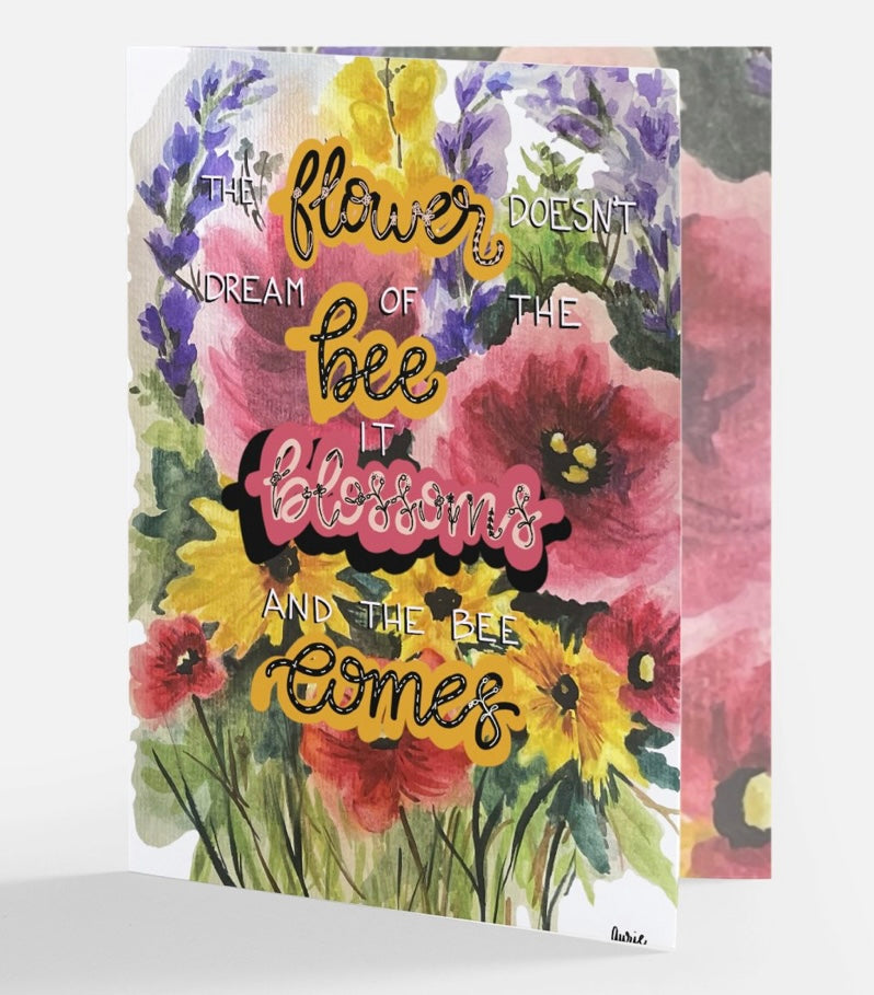 "It blossoms and the bee comes" Summer Bouquet watercolor greeting card with hand lettering - Blank inside