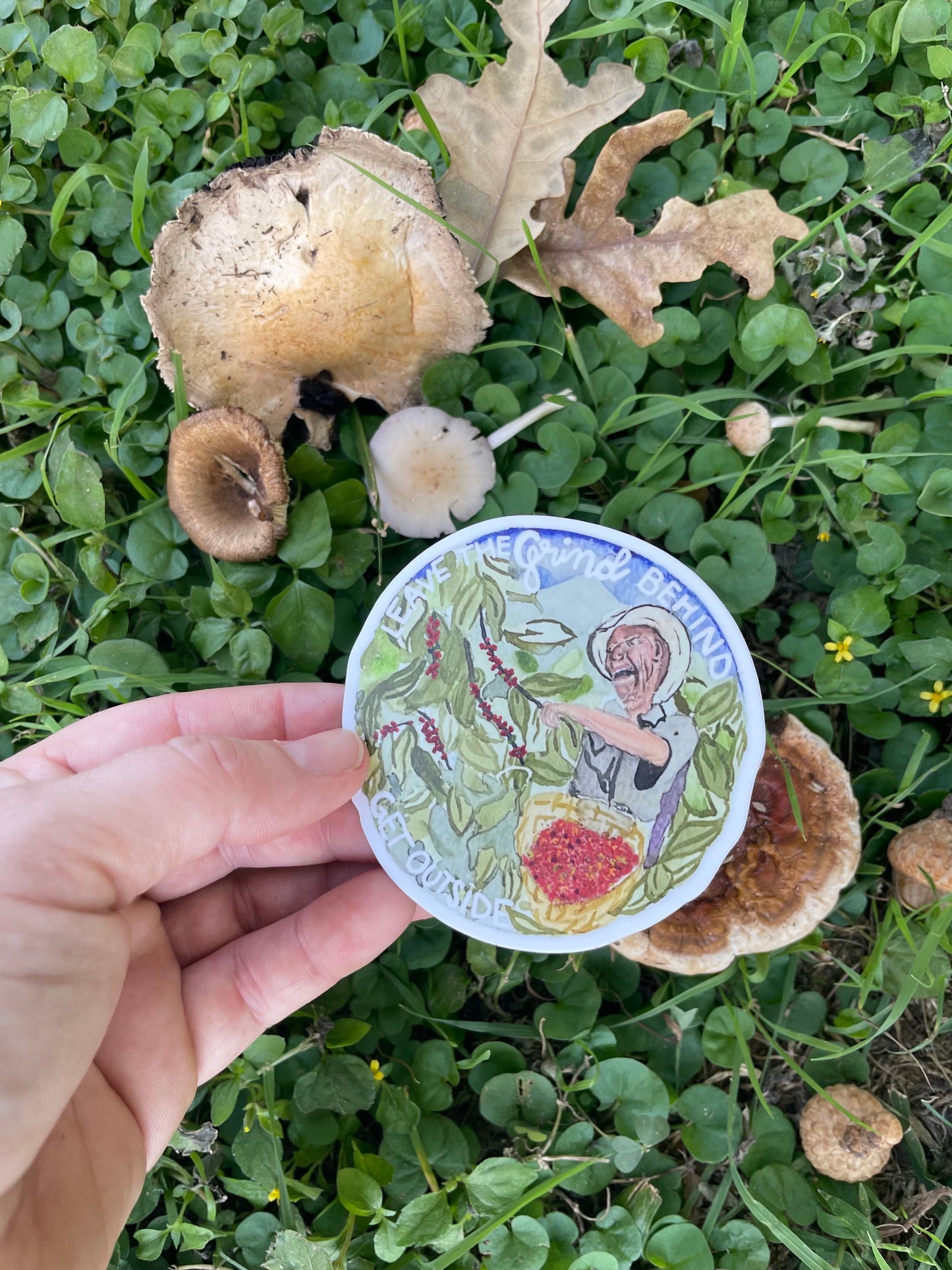 Leave the Grind Behind Coffee Sticker – Watercolor Vinyl Sticker for Nature & Coffee Lovers