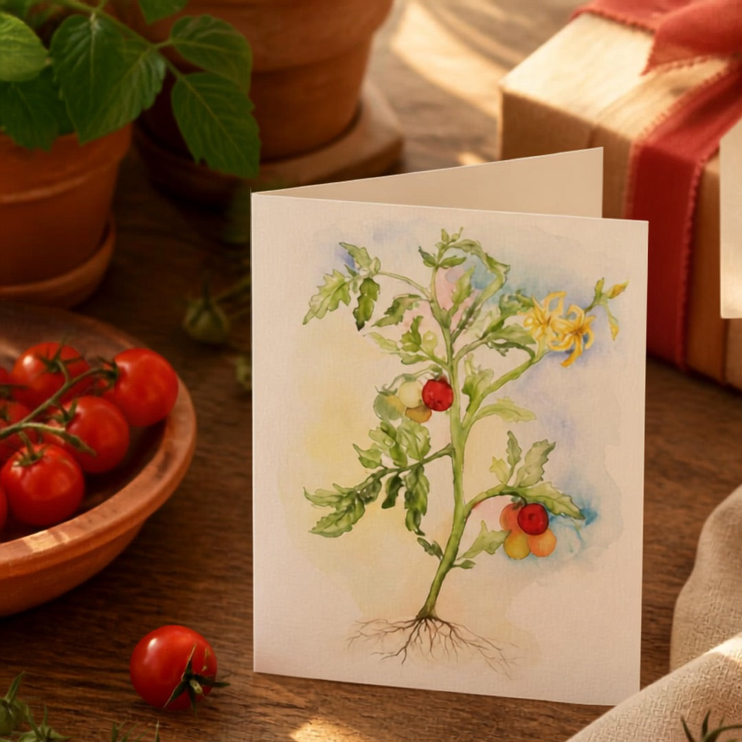 A vertical art print Greeting Card featuring a watercolor illustration of a tomato plant with red and yellow tomatoes, displayed on a rustic wooden table next to a bowl of fresh tomatoes.