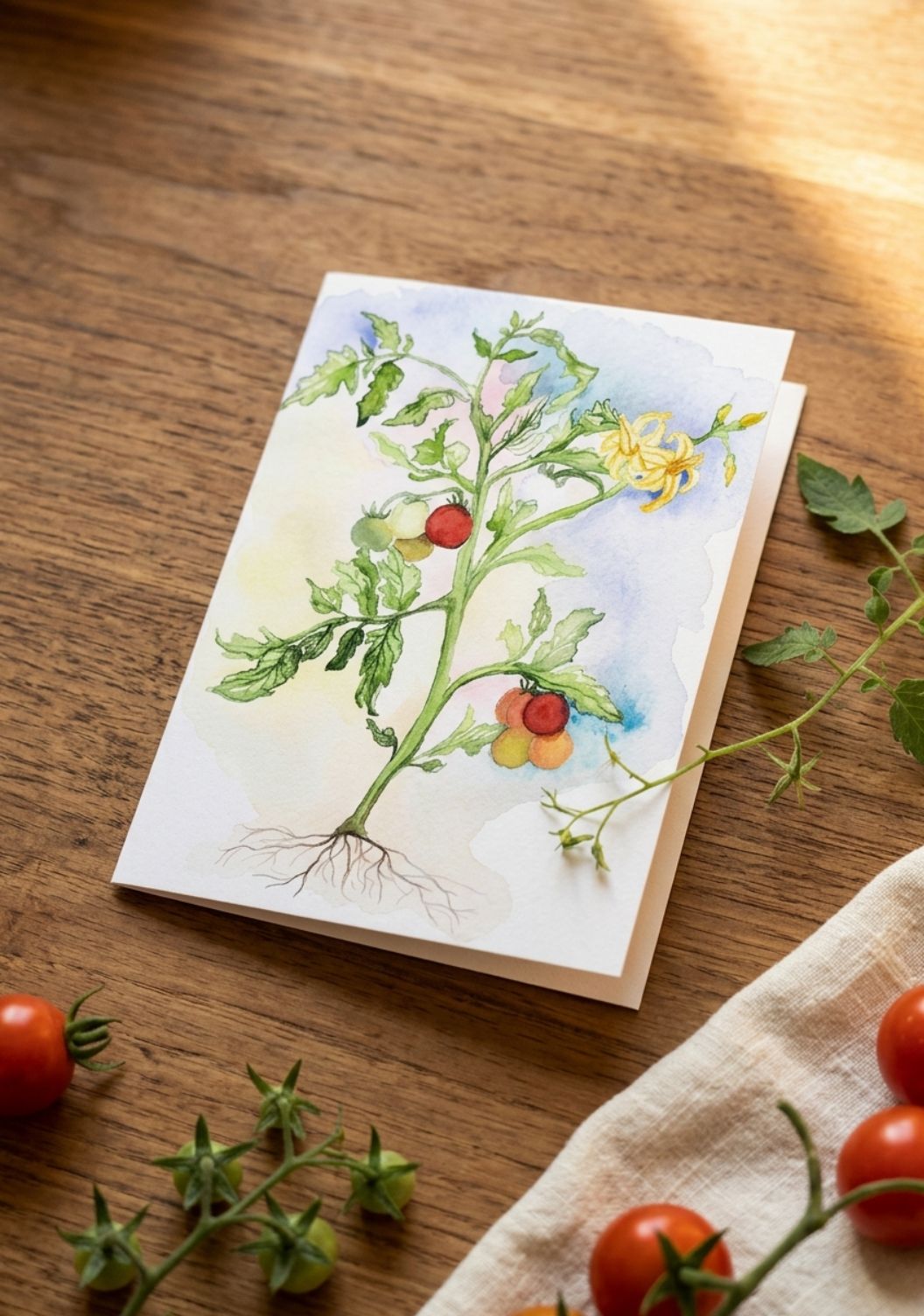 A 4x6 art print or greeting card featuring a watercolor illustration of a tomato plant with green leaves, red and yellow tomatoes, and flowers, displayed on a wooden table with real tomato vines and a cloth around it.