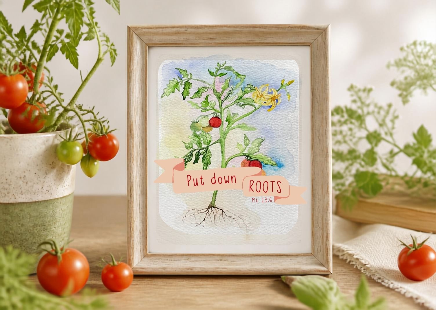 A framed watercolor art print featuring a tomato plant with the text 'Put down ROOTS Ps 31:5' on a banner, displayed on a wooden surface with tomatoes and greenery around it.