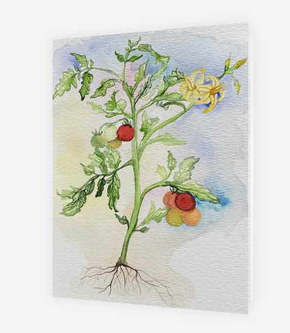 A watercolor-style botanical artwork greeting card of a tomato plant with green leaves, red and yellow fruits, and visible roots on a textured off-white background.