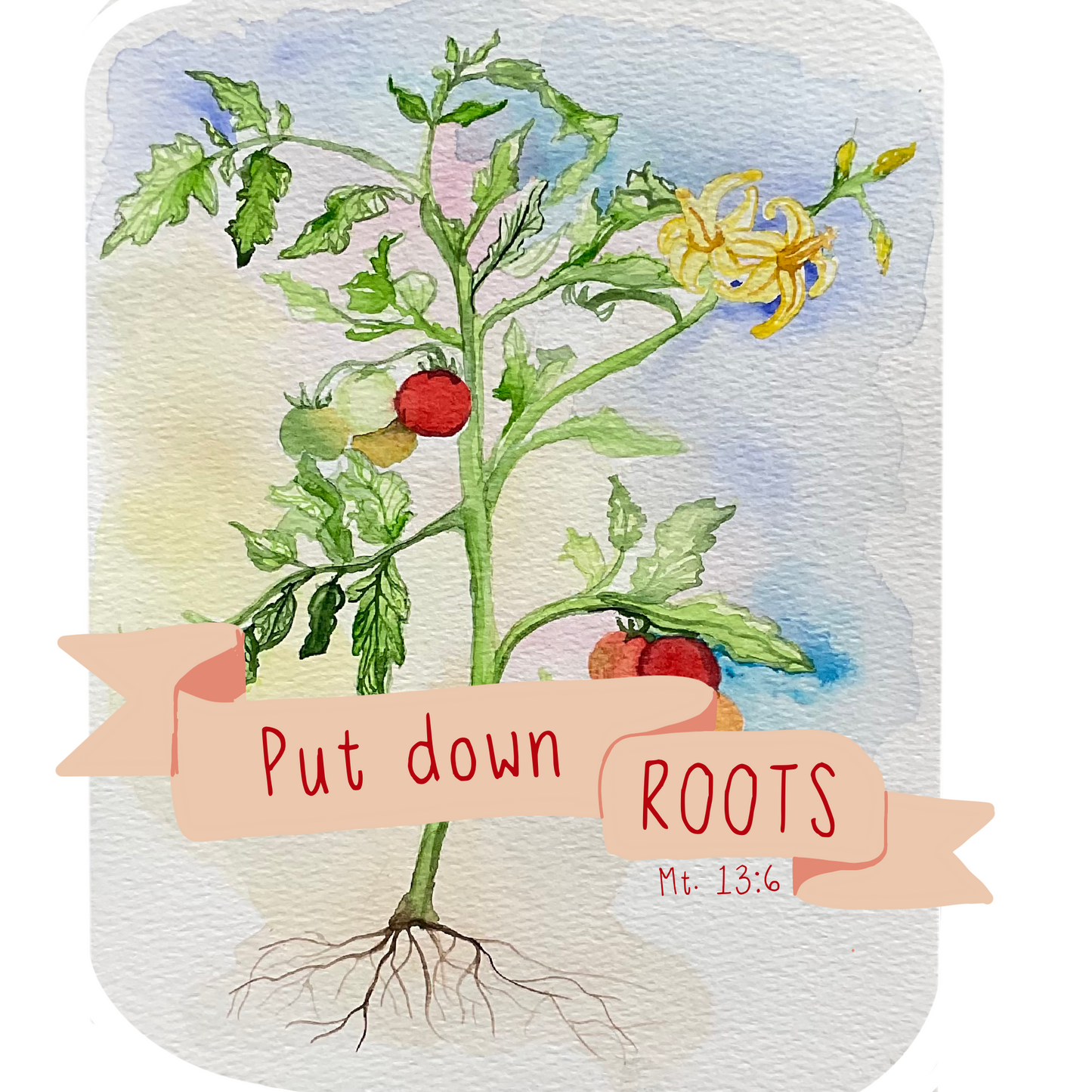 A watercolor-style illustration of a tomato plant with green leaves, red and green tomatoes, yellow flowers, and visible roots. A peach ribbon banner across the center reads “Put down ROOTS” with “Mt.
