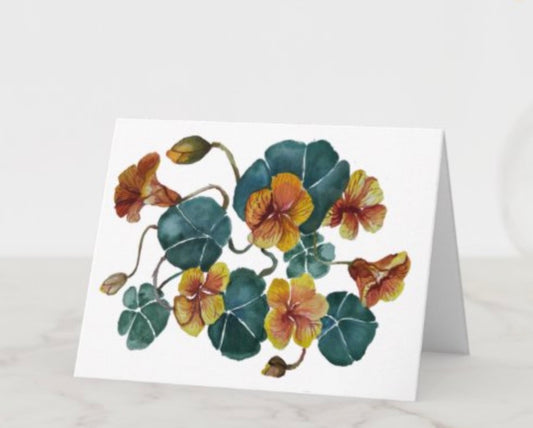 Summer Nasturtiums Watercolor Greeting Card - blank inside - any occasion stationary- botanical print